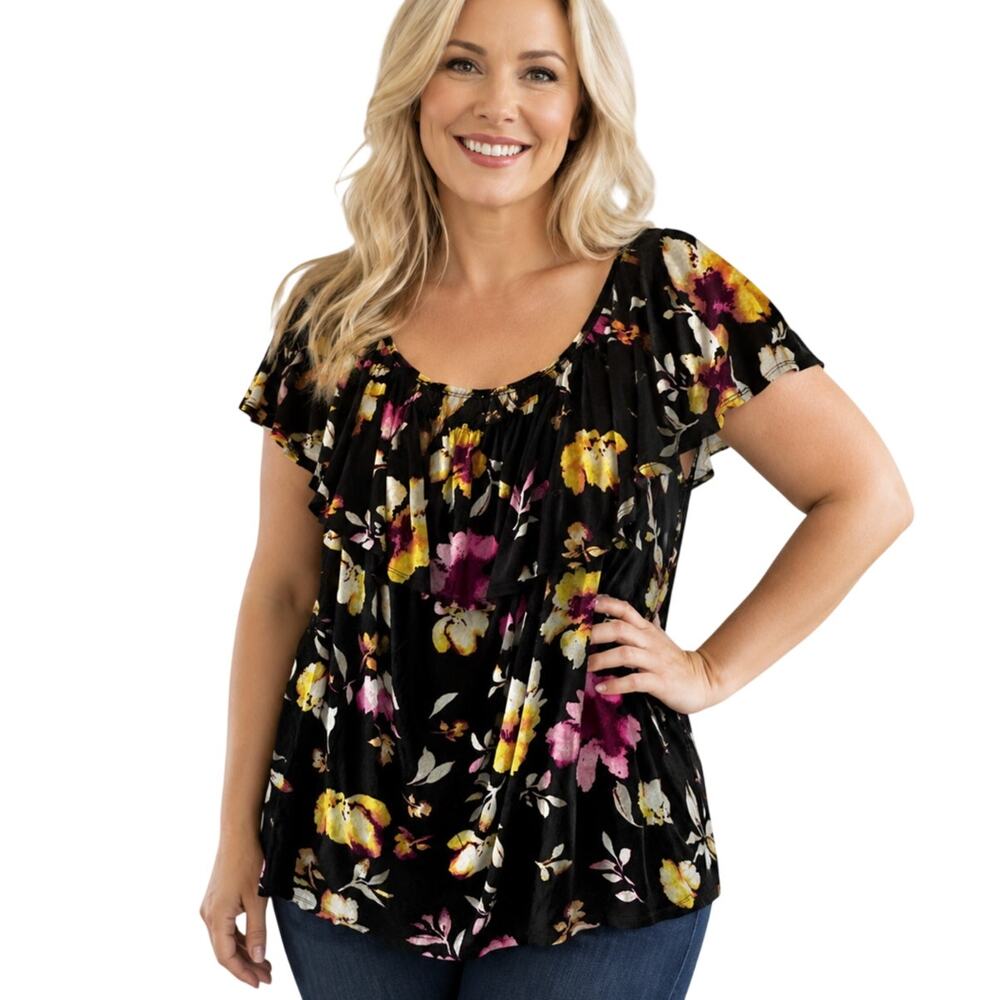 Lane Bryant Floral Flounce Top Womens Size 22/24 Black Ruffled Off Shoulder 3X